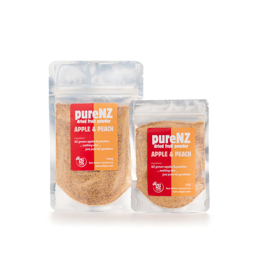 Two bags of PureNZ Apple & Peach Powder, one larger and one smaller, with a clear view of the product through the packaging.