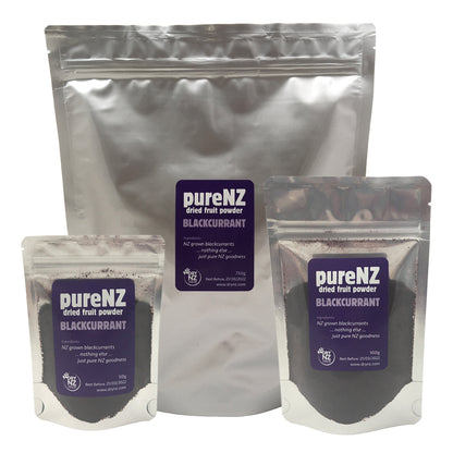 Three bags of PureNZ Blackcurrant Powder in different sizes, with a label displaying the product name and weight.