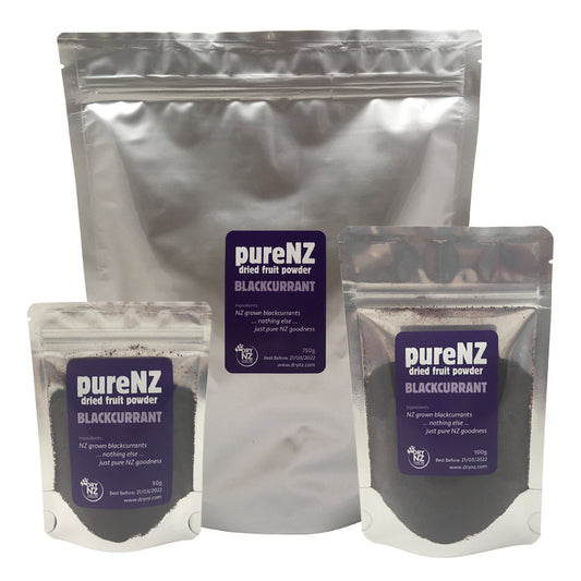 Three bags of PureNZ Blackcurrant Powder in different sizes, with a label displaying the product name and weight.